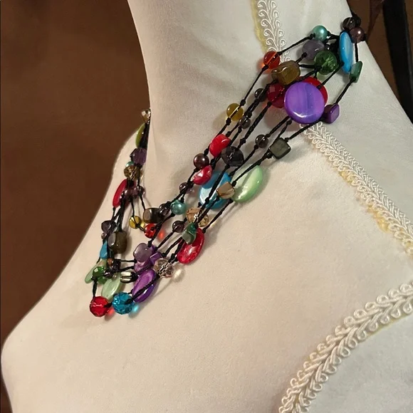 Colorful Multi Strand Boho Necklace – Festival Statement Jewelry w/Bright Beads - Picture 4 of 9
